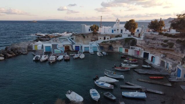 Mandrakia Fishing Village Aerial View in Aegean Sea, Cyclades Island, Greece