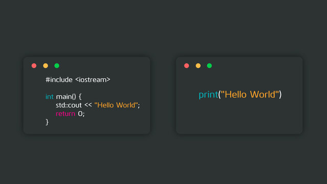 hello world in c++ and python. comparison code of programming language. C plus plus and python