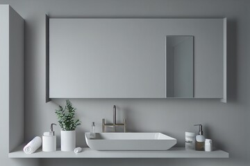 Fototapeta na wymiar Gray bathroom sink with a mirror hanging above it in a white wall bathroom. A make up shelf and mirror. 3d rendering