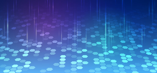 Obraz premium Abstract hexagons science on the blue background. Hi-tech digital technology and engineering concept. Wide Sci fi template with polygons.