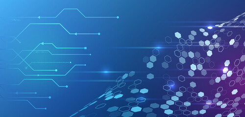 Hi-tech digital technology and engineering concept. Wide Sci fi template with polygons. Abstract hexagons science on the blue background.
