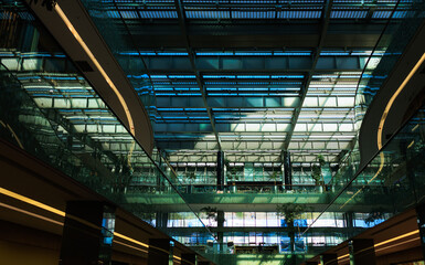 Glass roof and ceiling in high rise building