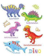 Big collection of dinosaurs on white background. Vector set with dinosaurs