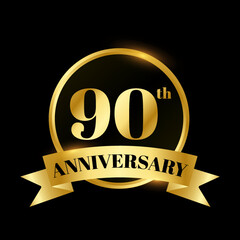 Golden badge circle wedding anniversary labels celebration number with curved ribbon 90 years