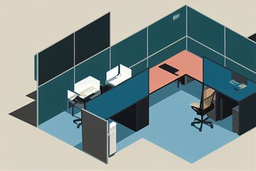 Fototapeta na wymiar 2d illustration isometric low poly office room with cubicle workplace