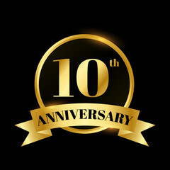 Golden badge circle wedding anniversary labels celebration number with curved ribbon 10 years