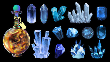 A set of blue transparent stones and a bottle with a solar potion. Topaz, ruby, quartz, malachite, jasper, crystals. Transparent bottle with luminous liquid, empty label.  © Feat