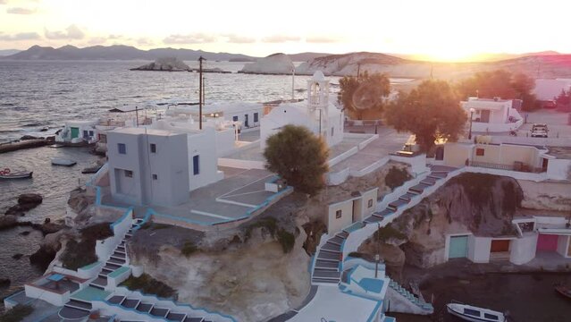Mandrakia Fishing Village Aerial View in Aegean Sea, Cyclades Island, Greece