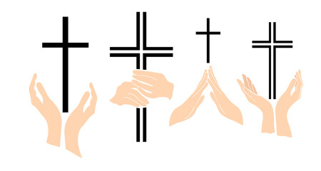 Set of religious cross in hands. Vector illustration