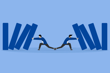 investment management and strategy, Risk management, control of hazard, loss or damage from crisis, valuation level concept, two businessmen stopping domino effect risk from threats and disasters