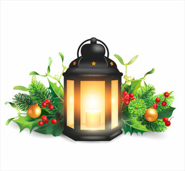 Ancient lantern with Christmas floral decoration isolated on white. Vector illustration. © aminaaster