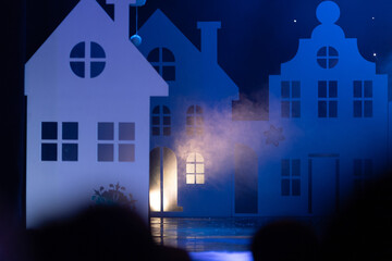 Theatrical scene without actors, scenic colorful light and smoke