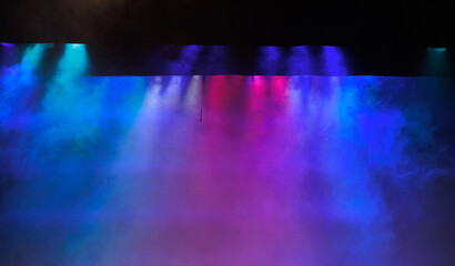 Theatrical scene without actors, scenic colorful light and smoke