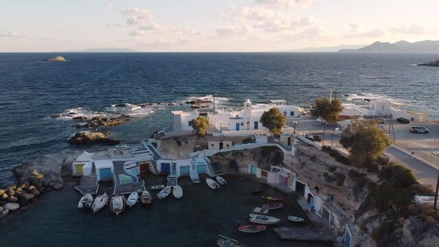 Mandrakia Fishing Village Aerial View in Aegean Sea, Cyclades Island, Greece