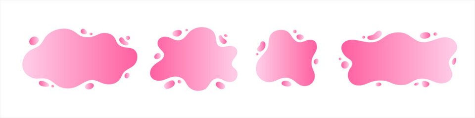 Liquid, rounded gradient blush pink, rose shapes set, frames collection with uneven fluid wavy edge. Paint spot, blot, puddle, stain with drops, blobs. Graphic design elements, text backgrounds.