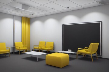 Office waiting room interior with a yellow sofa, a gray armchair, a poster gallery on a white wall and a narrow table with a laptop on it. 3d rendering mock up
