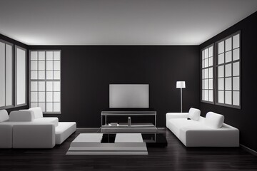Naklejka na ściany i meble Black minimalist Interior of modern living room 3D rendering