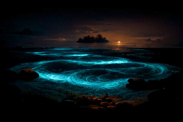Bioluminescence. Bio luminescent ocean. Bioluminescent plankton in the sea