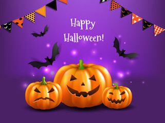 Halloween Postcard With Bats And Bunting Flags