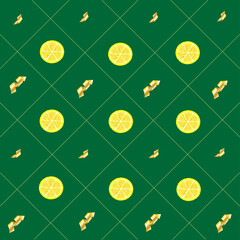 winter christmas wrapping paper pattern lemon slices golden serpentine on a green background