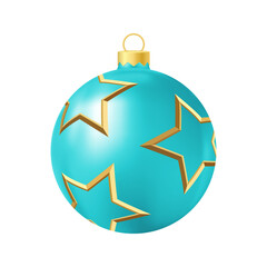 Turquoise Christmas tree toy with golden stars Realistic color illustration