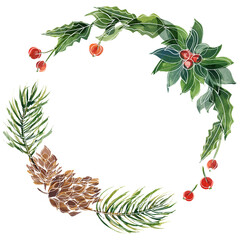 Christmas floral round frame with fir-tree and holly