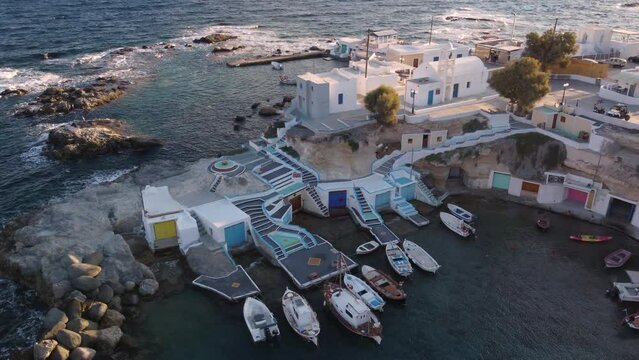 Mandrakia Fishing Village Aerial View in Aegean Sea, Cyclades Island, Greece
