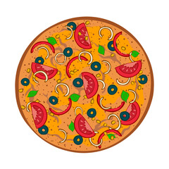 Appetizing pizza with tomato, olives, sweet pepper. Tasty food. Lunch menu at the pizzeria. Cartoon vector outline illustration isolated on white background. Top view