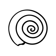 Spiral sea shell. Marine underwater twisted shell. Undersea mollusc nautilus. Decorative element. Mediterranean culture. Cartoon vector illustration black and white. Hand drawn outline sketch
