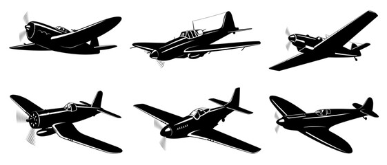 WWII Fighter Planes silhouettes collection isolated on white. Vector cliparts.