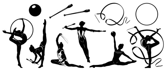 Rhythmic Gymnastics silhouettes set isolated on white. Women figures and gymnastics equipment. Vector cliparts.