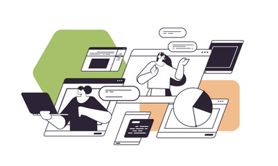 businesswomen answering messages and calls analyzing statistics diagram technical support concept