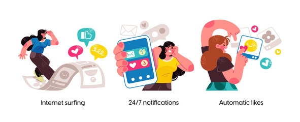 Modern social media problems, peculiarities and differences. Concept business illustrations. Internet and gadget addiction