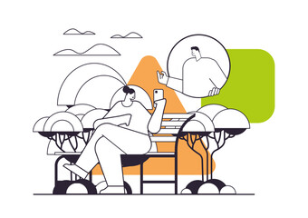 woman discussing with man in chat bubble during video call in urban park online communication concept