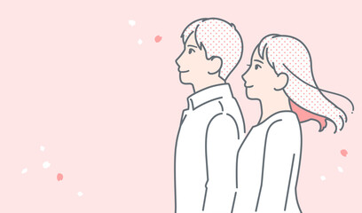 春と若い夫婦のシンプルなベクターイラスト素材