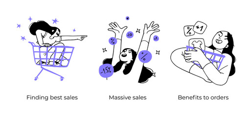 Online shopping and E-commerce concept set. Sale, orders, online payment, delivery, loyalty program. Visual stories collection