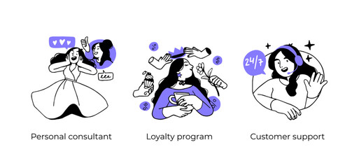 Online shopping and E-commerce concept set. Sale, orders, online payment, delivery, loyalty program. Visual stories collection