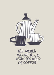 Humorous hand lettering on coffee theme. Office humor. Coffee machine advertisement. Coffee-addiction and coffee-at-work concepts