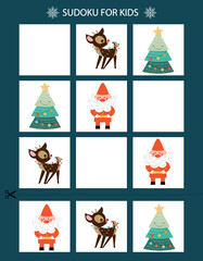 Sudoku game for kids. Set of cute Christmas characters: Santa, deer, Christmas tree