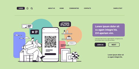businessman scanning QR code on smartphone screen readable barcode verification