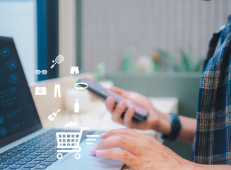 Businessman phone and laptop using , online shopping concept.