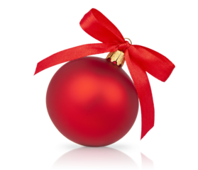 Red Christmas ornament with red ribbon isolated on white background