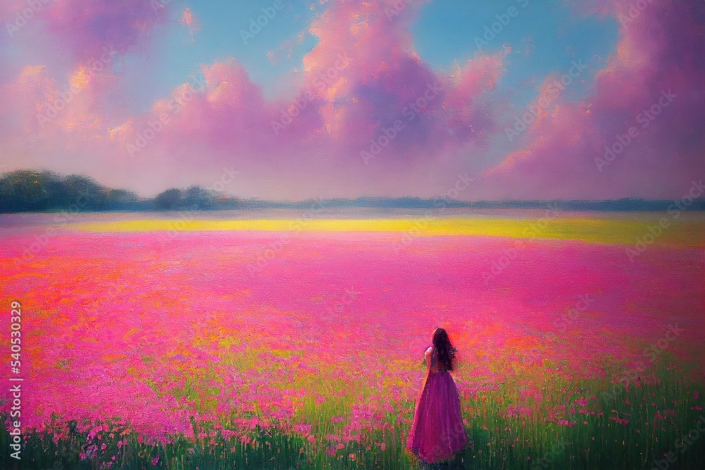 Wall mural sunshine nature landscape woman in pink dress at wild field with pink flowers cloudy sky impressionism painting art