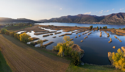 Panoramic view of the National Reserve of Peat Bogs of lake Iseo, Franciacorta, Lombardy, Italy