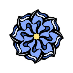 Symmetrical Ribbon Blue Flower In Hand Drawn Cartoon Doodle Style Isolated on a White Background. Outline Sketch, Print, Graphic Icon, Logo, Floral Decorative Element for Postcards Design.