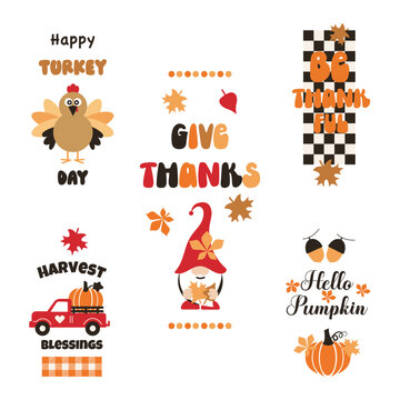 Thanksgiving Set. Celebration quotes with vector cartoon illustration. Autumn concept.
