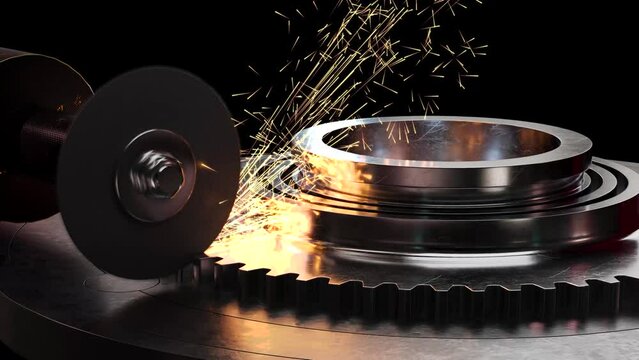 Removing the chamfer of the gear wheel. Metal processing on the machine. 3d render