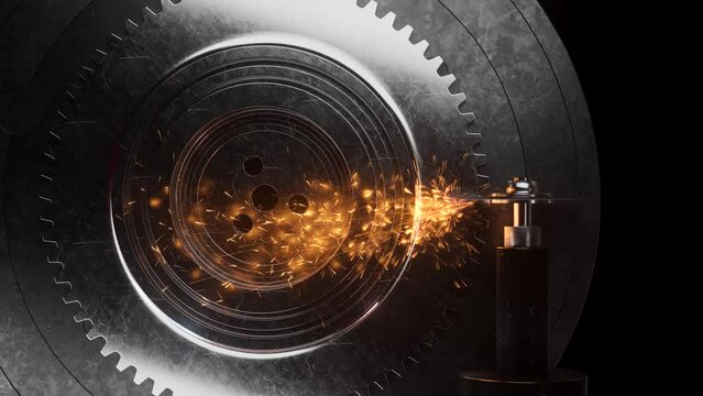 Removing the chamfer of the gear wheel. Metal processing on the machine. 3d render