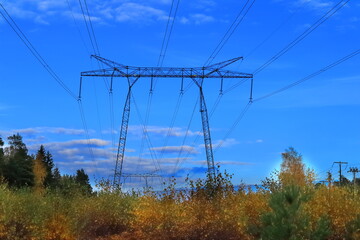 High voltage air borne power lines. 400kV. Autumn day outside. Stockholm, Sweden, Europe.