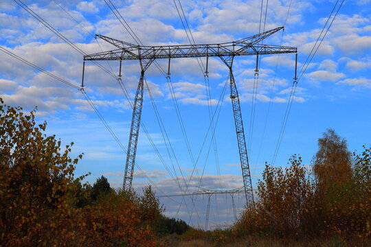 High voltage air borne power lines. 400kV. Autumn day outside. Stockholm, Sweden, Europe.